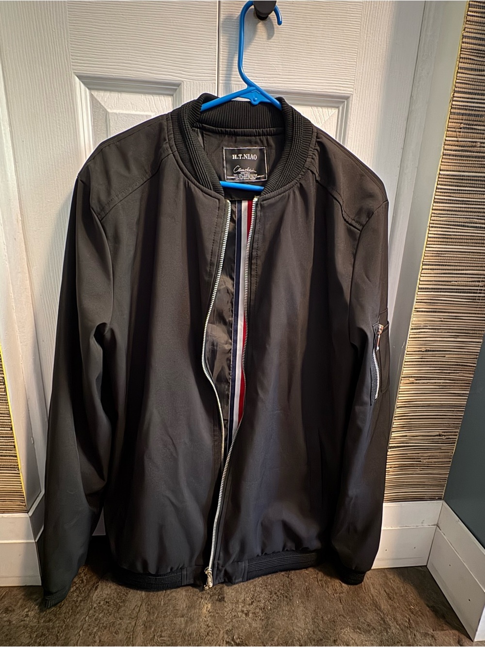 H.T. Naio Black Bomber Jacket with Stripe Liner